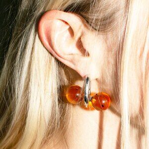 Amber Bead Hoop Earrings - Silver and Amber